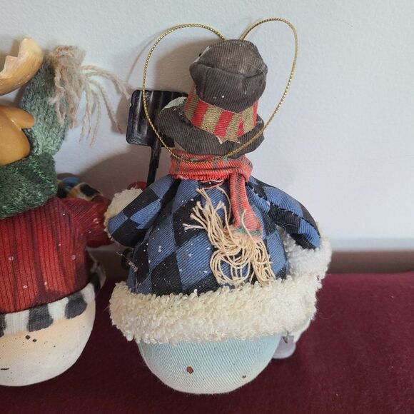 Vintage Fabric Mache Holiday Winter Christmas Ornaments Snowmen & Moose Set of 4 - Picture 12 of 16